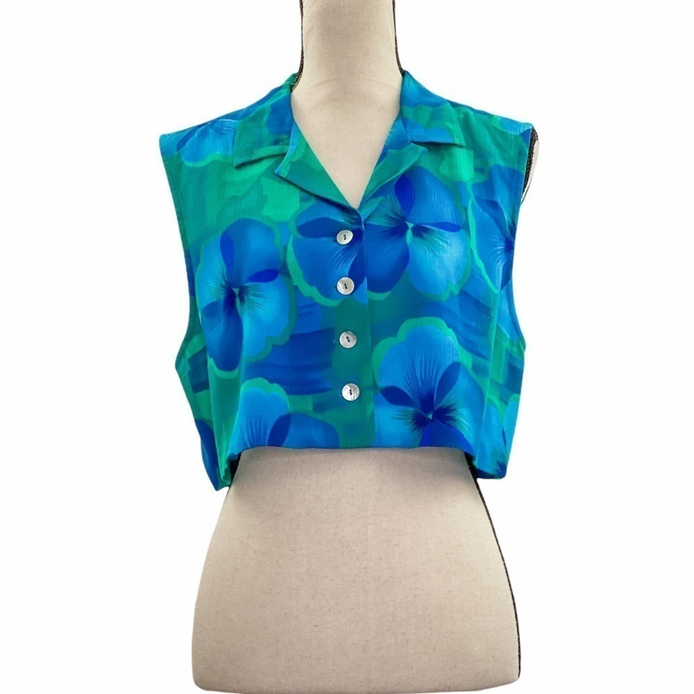 KARIN Stevens Petite Green & Blue Floral Print Button Down Crop Blouse